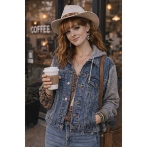 Levi's Women's Hybrid Trucker Jean Jacket Denim with Grey Hoodie Sleeves Size M